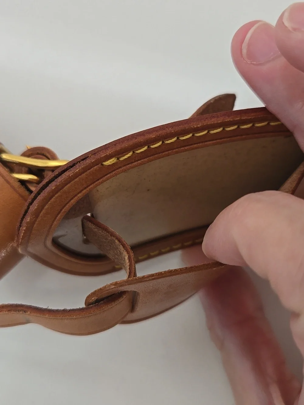 Louis Vuitton Brown Leather Luggage Tag with Yellow Stitching, GUC